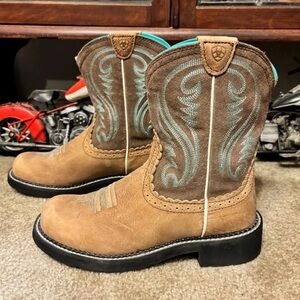 Ariat Women's Fatbaby Cowboy Boots - Distressed Brown/Teal 8